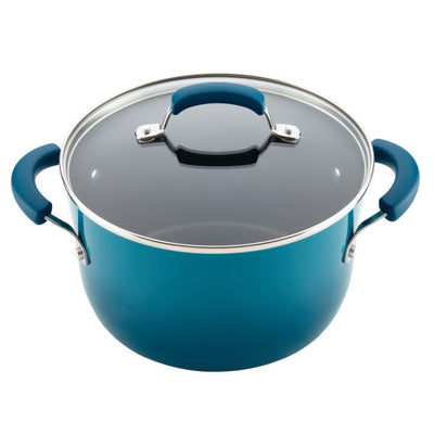 Blue cooking pot with a lid and two handles.