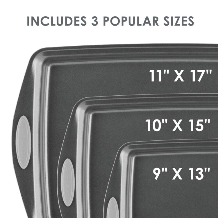 Explore the 3-Piece Nonstick Sheet Pan Set, which includes durable steel baking sheets in sizes 11x17", 10x15", and 9x13". These oven-safe pans are ideal for all your baking needs, offering reliable performance with every use.