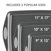 Explore the 3-Piece Nonstick Sheet Pan Set, which includes durable steel baking sheets in sizes 11x17", 10x15", and 9x13". These oven-safe pans are ideal for all your baking needs, offering reliable performance with every use.