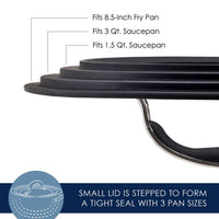 Three nested pan lids; fits 8.5" fry pan, 3 qt. saucepan, 1.5 qt. saucepan.