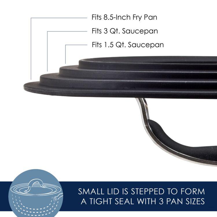 This compact lid, part of the Cook + Create Hard Anodized Nonstick Cookware Sets, is crafted from hard-anodized aluminum and features a stepped design to fit three pan sizes: fry pan and saucepans.