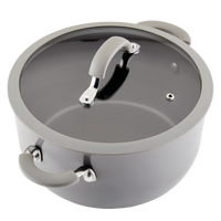 A gray cooking pot with a handle and a clear lid.