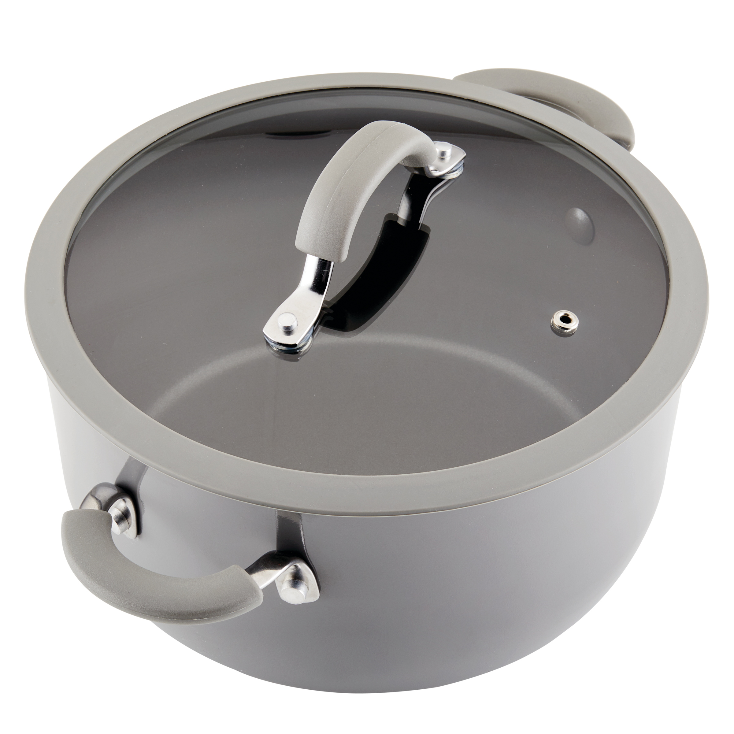 A gray cooking pot with a handle and a clear lid.