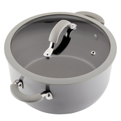 A gray cooking pot with a handle and a clear lid.