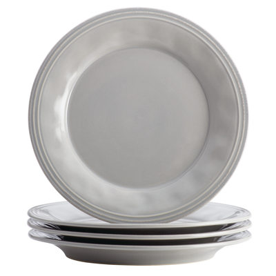 Four stacked gray plates with a glossy finish.