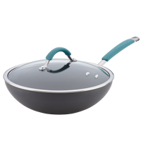 A non-stick gray pan with a blue handle and lid.