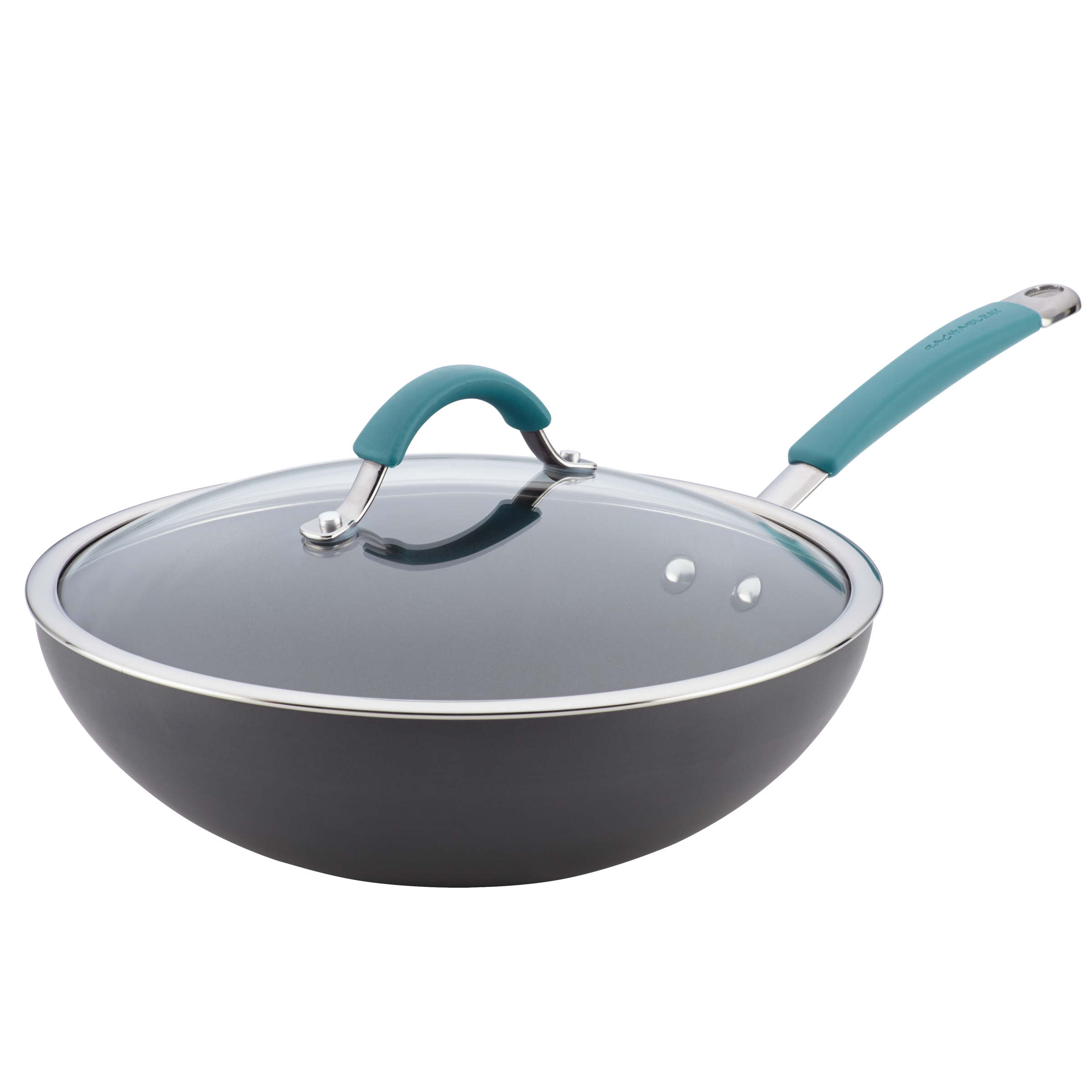 A non-stick gray pan with a blue handle and lid.