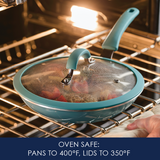 Frying pan with lid in an oven; text reads oven safe, pans to 400°F, lids to 350°F.