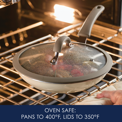 Covered pan in oven, labeled safe to 400°F for pans and 350°F for lids.