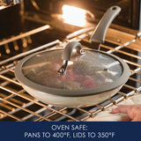 Pan with glass lid in an oven, labeled for temperature safety limits.