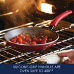 Red cookware with tomatoes inside an oven, silicone-grip handle visible.