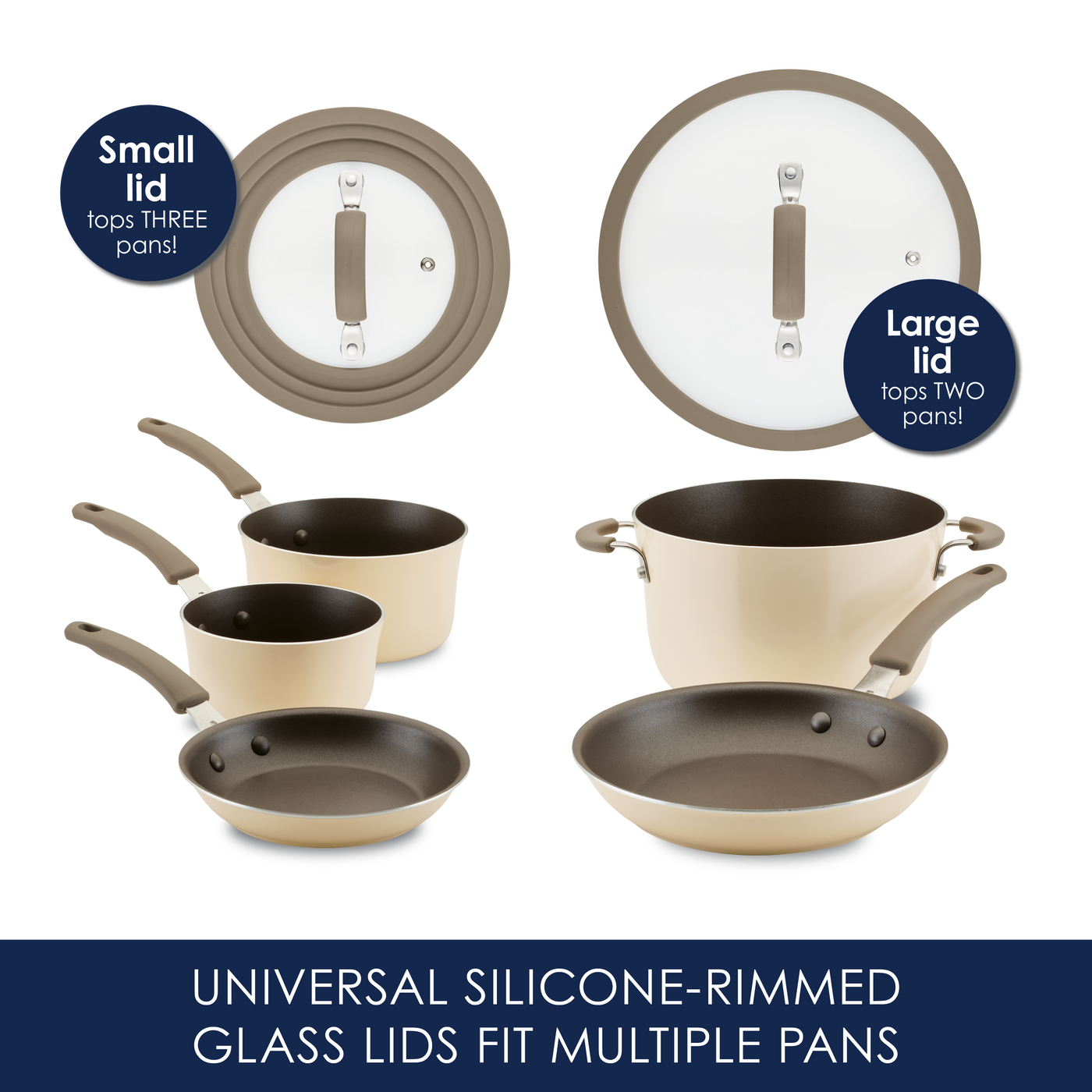 Cookware set with two silicone-rimmed glass lids and various pots and pans.