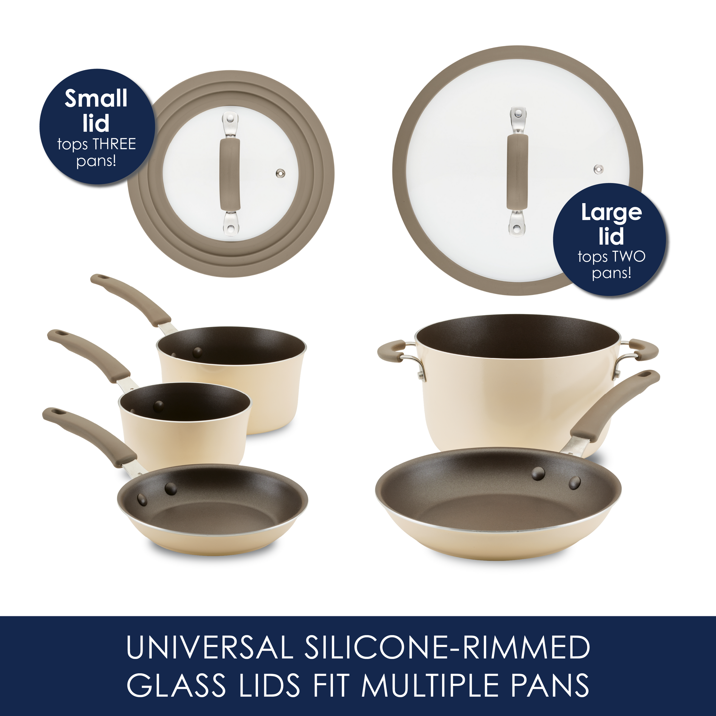 Cookware set with two silicone-rimmed glass lids and various pots and pans.