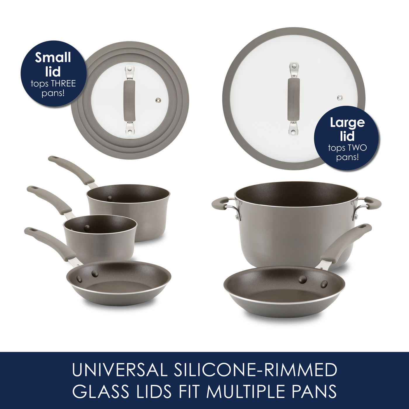 Cookware set with silicone-rimmed glass lids and pans of various sizes.