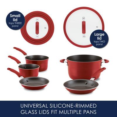 Red cookware set with universal silicone-rimmed glass lids displayed.