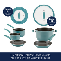 Set of teal cookware with glass lids and silicone rims labeled by sizes.