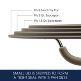Lid fits 8.5-inch fry pan and 1.5 qt saucepan; forms tight seal.