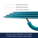 Teal, stepped small lid fitting various pans, showing specifications.