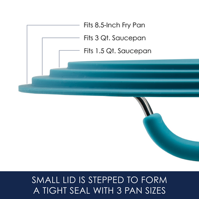 Teal, stepped small lid fitting various pans, showing specifications.