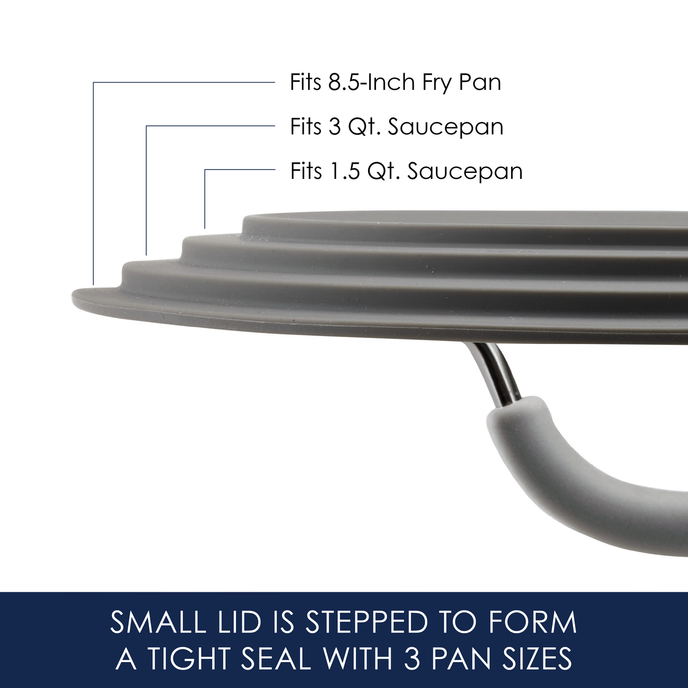 Gray stepped lid fits three different pan sizes, shown with text labels.