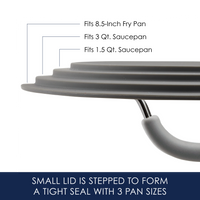 Gray stepped lid fits three different pan sizes, shown with text labels.