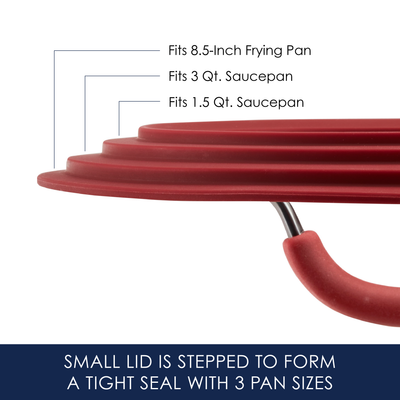 Red stepped lid compatible with various pan and saucepan sizes.
