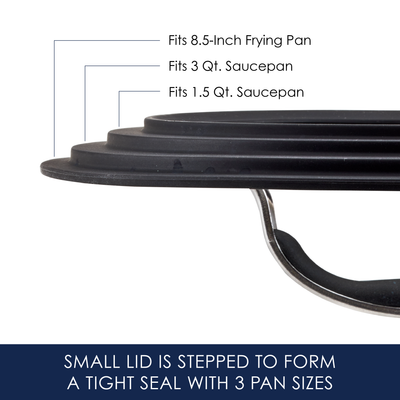 Multi-step lid fits 8.5" fry pan, 3 qt. saucepan, and 1.5 qt. saucepan.
