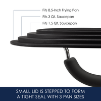 Stepped lid fits three pan sizes: 8.5-inch, 3 qt, 1.5 qt.