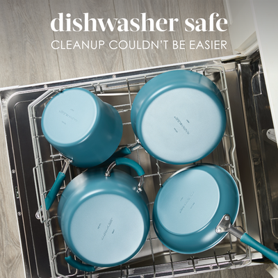 Cookware set in a dishwasher, labeled "dishwasher safe, cleanup couldn't be easier.