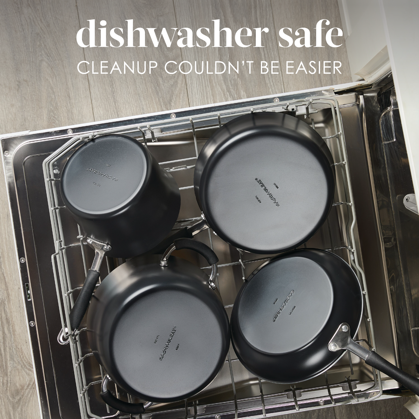 Pots and pans in dishwasher with text "dishwasher safe" above.