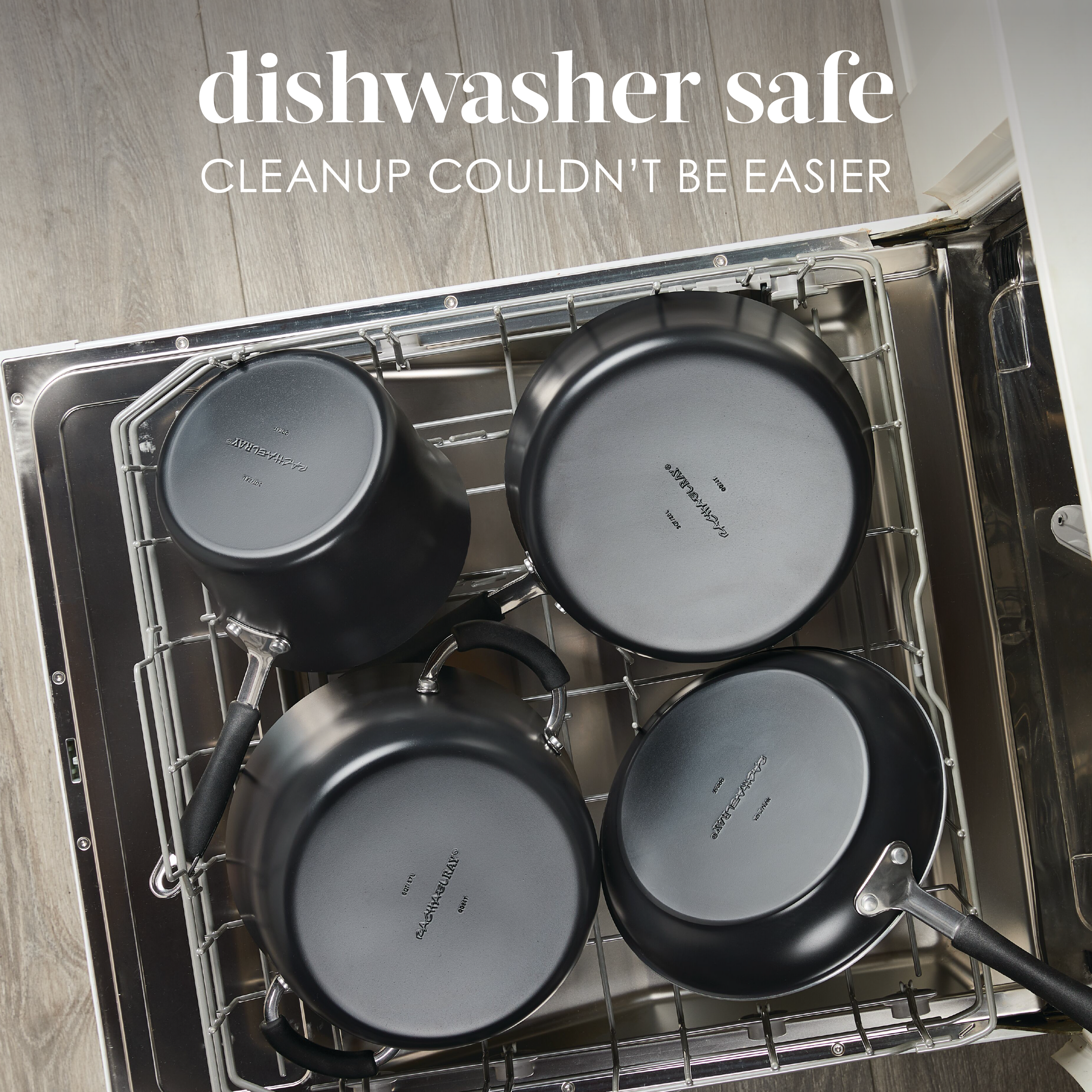 Pots and pans in dishwasher with text "dishwasher safe" above.