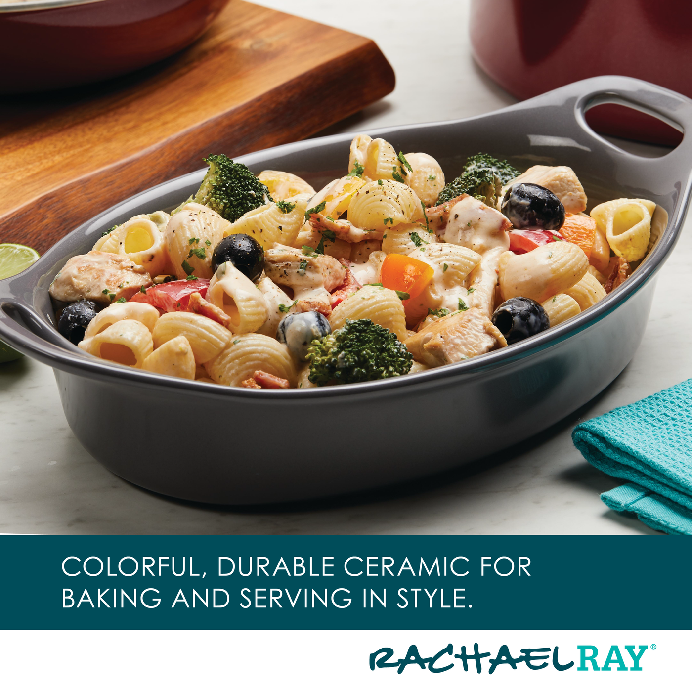 Pasta dish in a ceramic baking dish on a table.