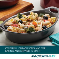 Pasta dish in a ceramic baking dish on a table.