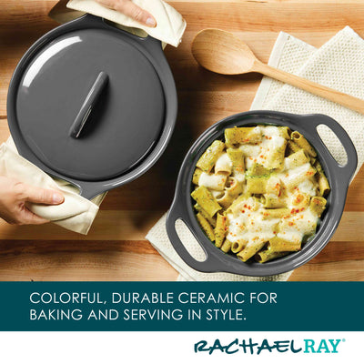 Person lifting lid from ceramic dish with baked pasta inside.