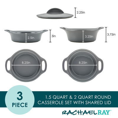Gray casserole set; two dishes with handles, one shared lid, measurements shown.