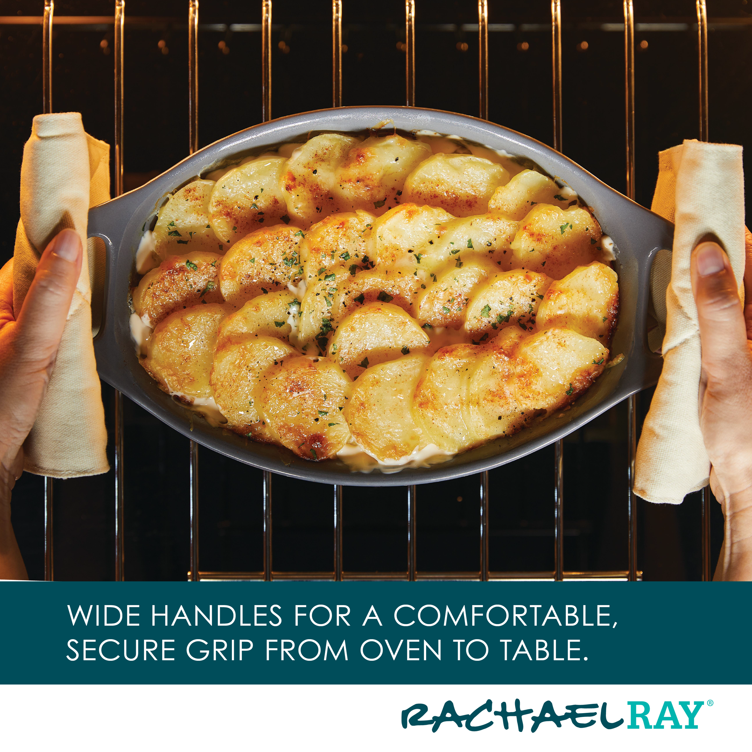 Person holding a dish of baked potato slices in an oven.