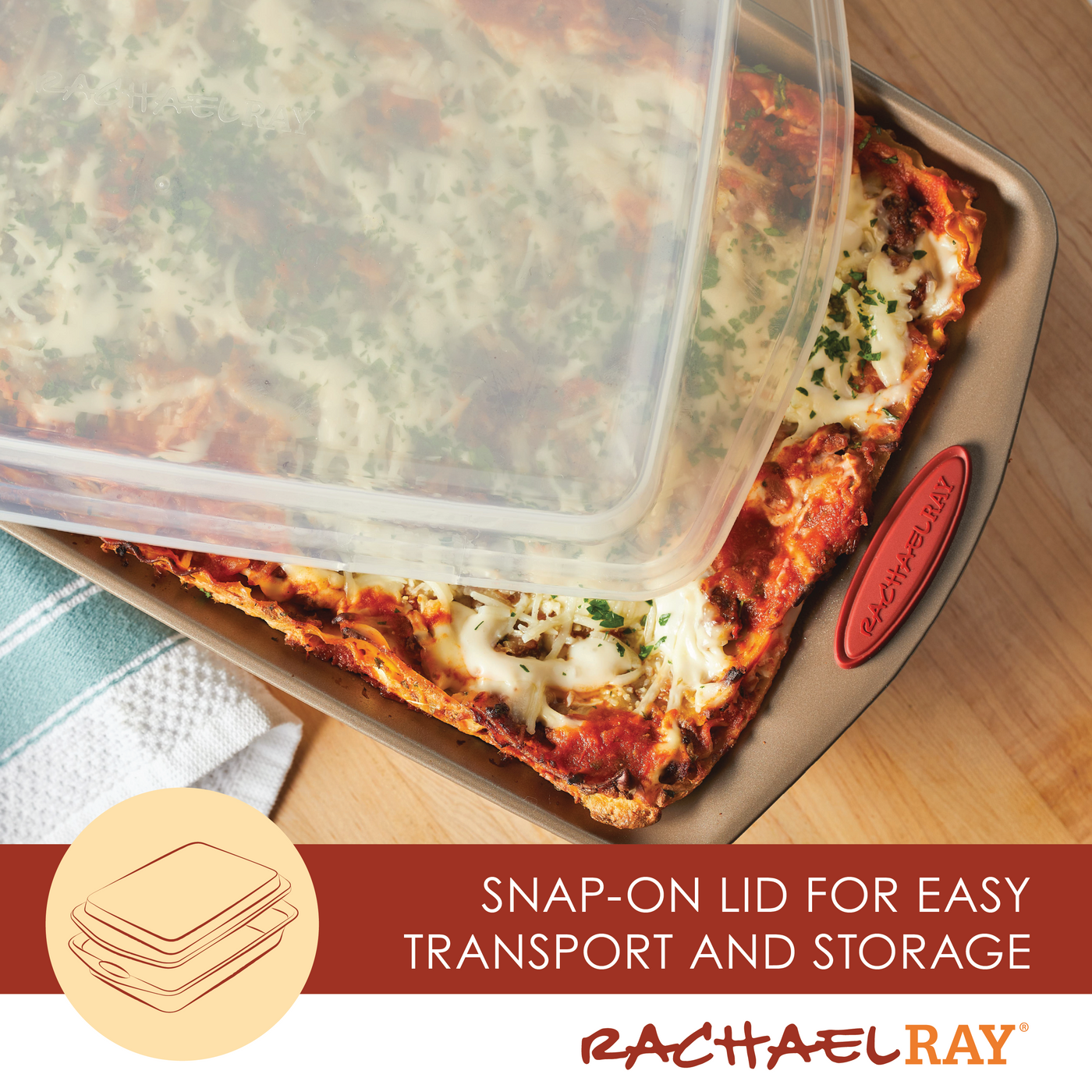 10-piece nonstick bakeware set, featuring a heavy gauge steel baking pan for lasagna with a convenient snap-on lid for easy transport and storage.