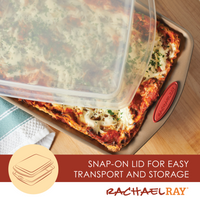 10-piece nonstick bakeware set, featuring a heavy gauge steel baking pan for lasagna with a convenient snap-on lid for easy transport and storage.