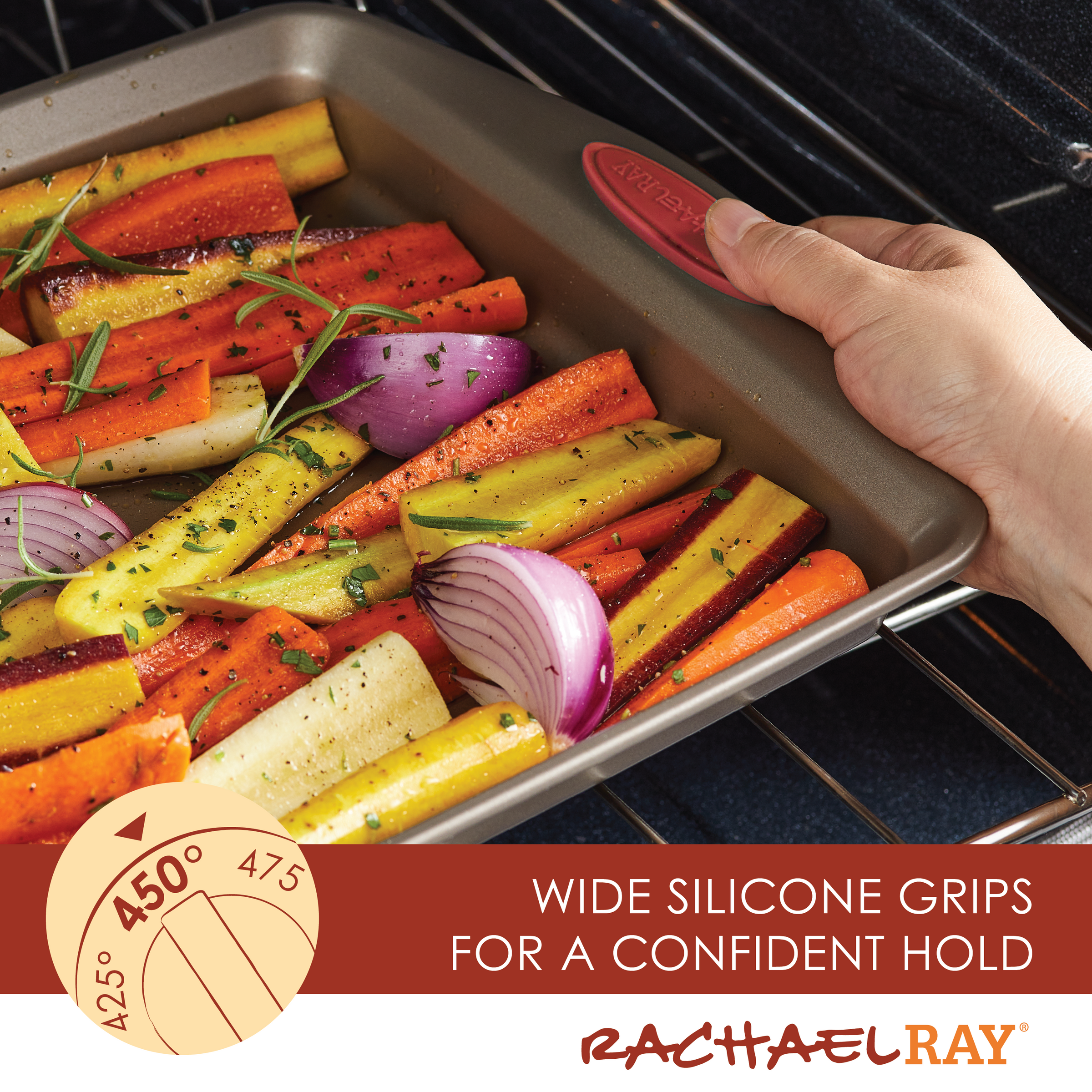 Holding a baking tray filled with vegetables inside an oven, showcasing the 10-Piece Nonstick Bakeware Set by Rachael Ray, ideal for effortless cooking and cleaning.
