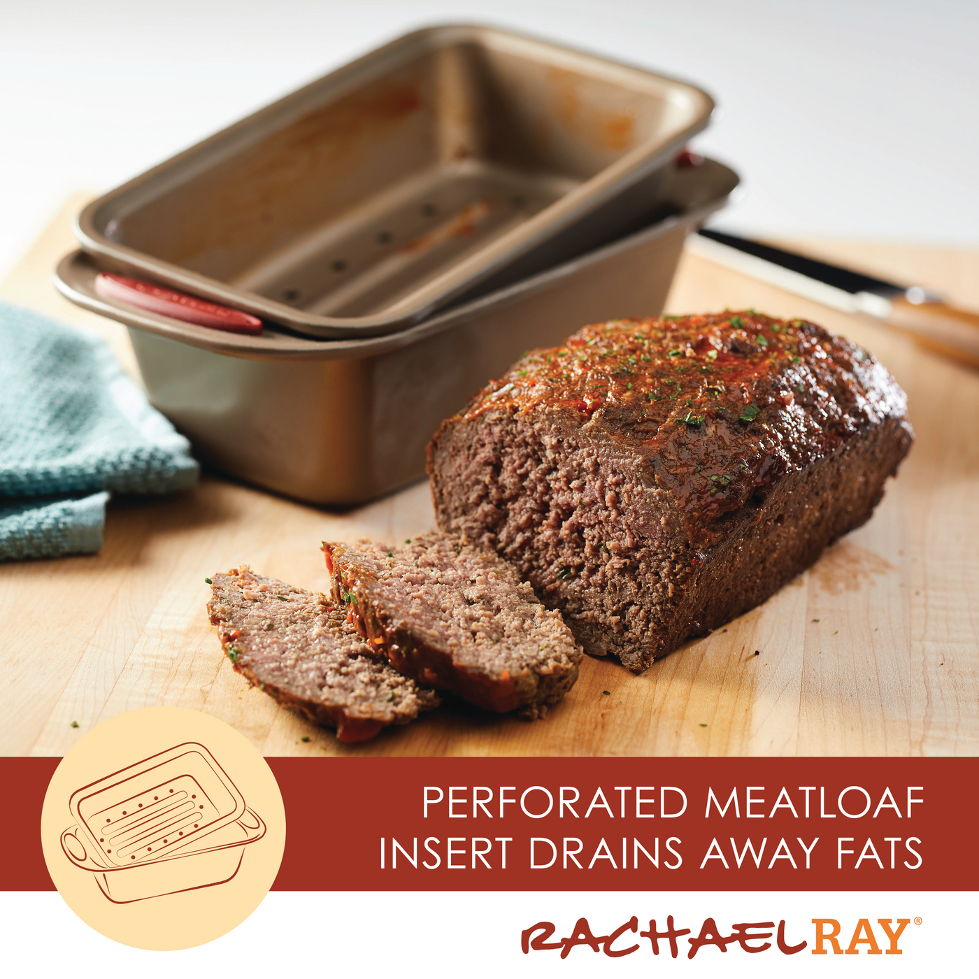 A perforated meatloaf insert rests beside a sliced meatloaf on a wooden board, crafted using the 10-Piece Nonstick Bakeware Set for easy release.
