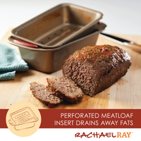 A perforated meatloaf insert rests beside a sliced meatloaf on a wooden board, crafted using the 10-Piece Nonstick Bakeware Set for easy release.