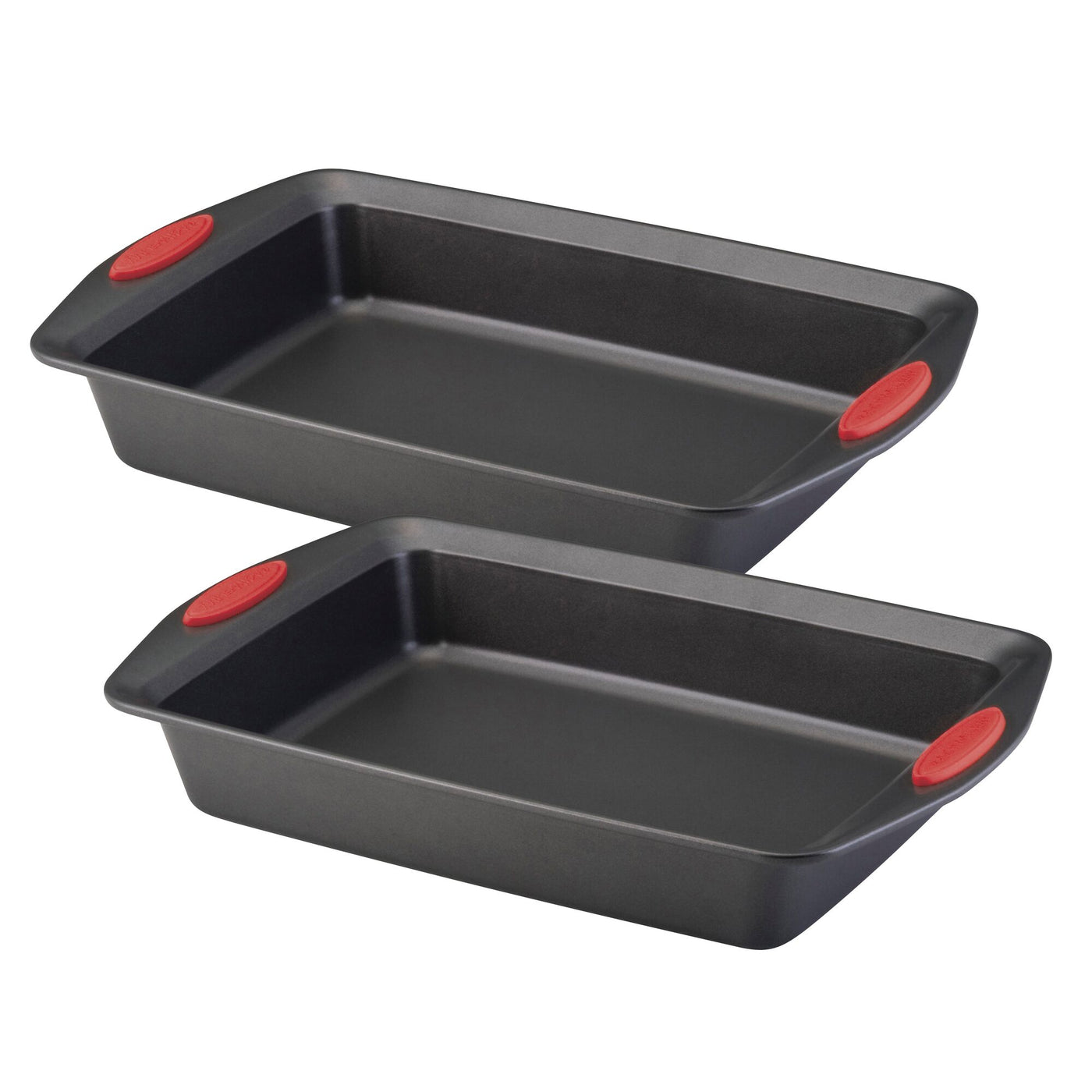 Two rectangular black baking pans with red handle grips.
