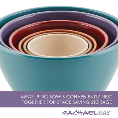 Nested colorful measuring bowls for space-saving storage.