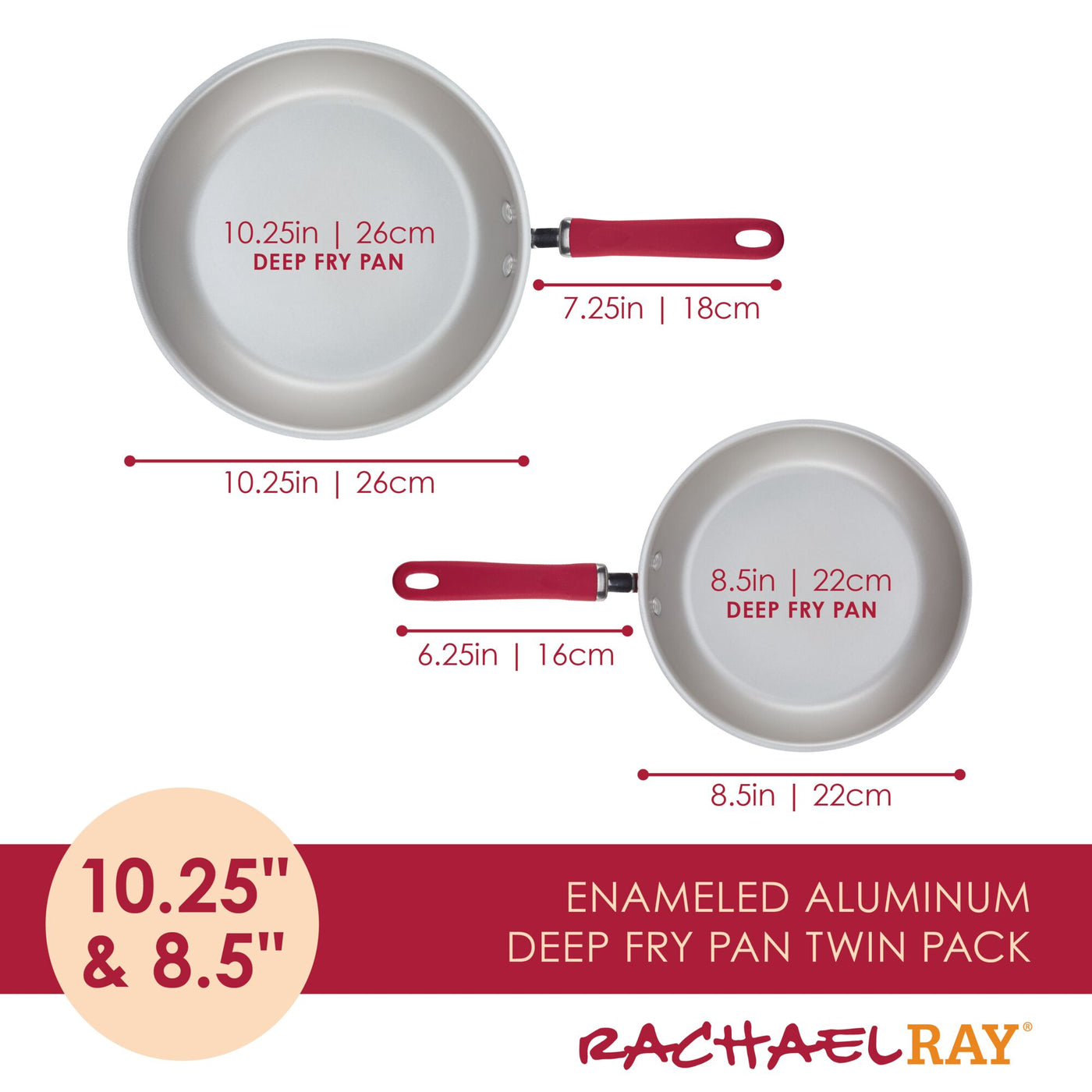 Two enameled deep fry pans with red handles, 10.25" and 8.5" sizes.