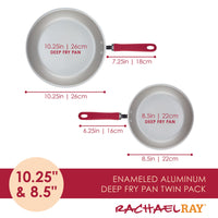 Two enameled deep fry pans with red handles, 10.25" and 8.5" sizes.