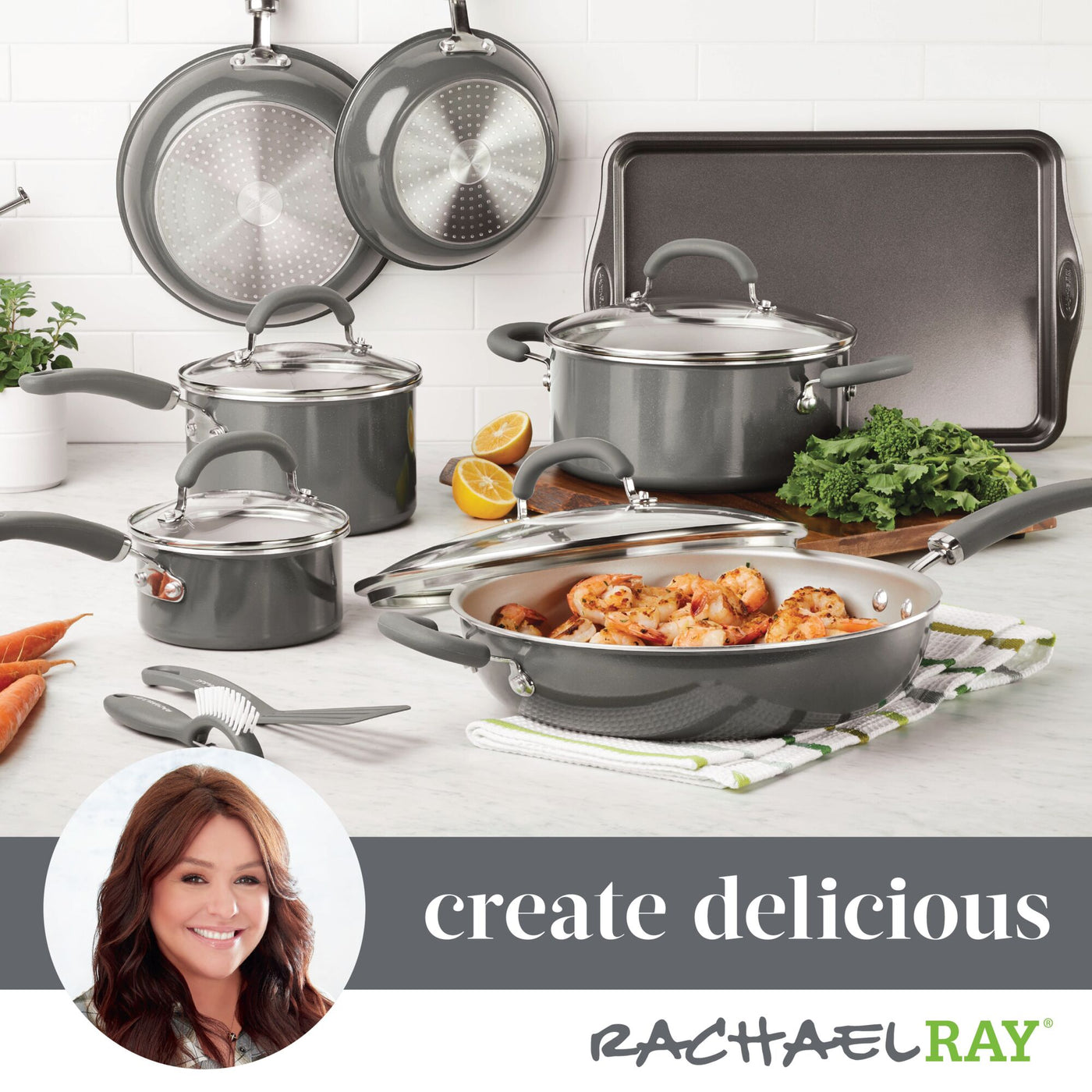Cookware set, vegetables, and shrimp with text "create delicious" displayed.