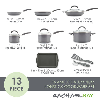 13-piece nonstick cookware set with pans, pots, and a spatula.