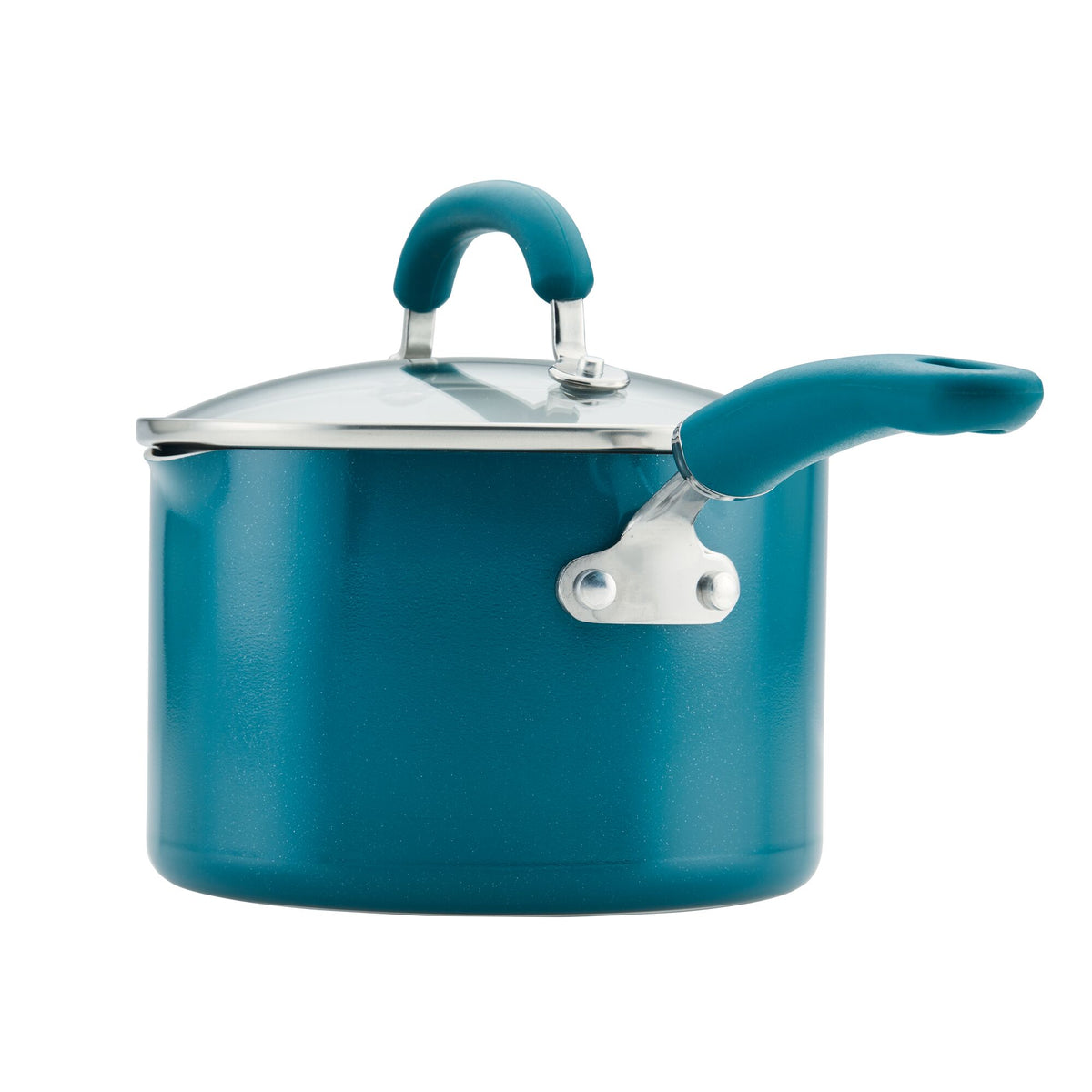 A teal saucepan with a lid and handle is shown.