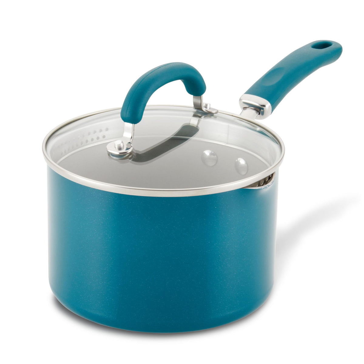 Teal saucepan with a glass lid and teal handle.