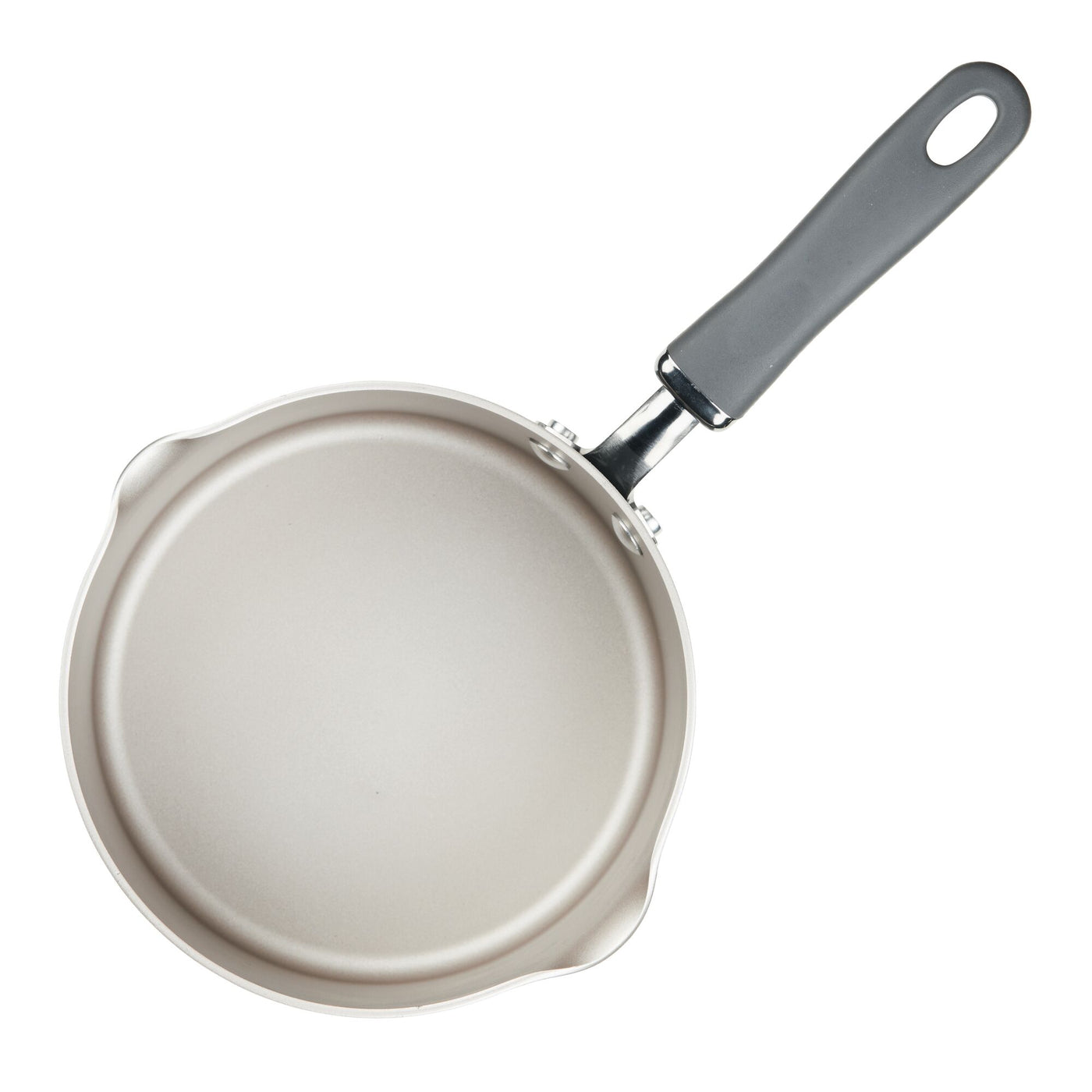 Top view of a frying pan with a black handle on a white background.